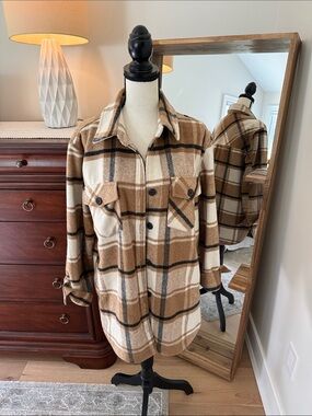 Thread & Supply Tan, Cream & Black Plaid Utility Shacket
